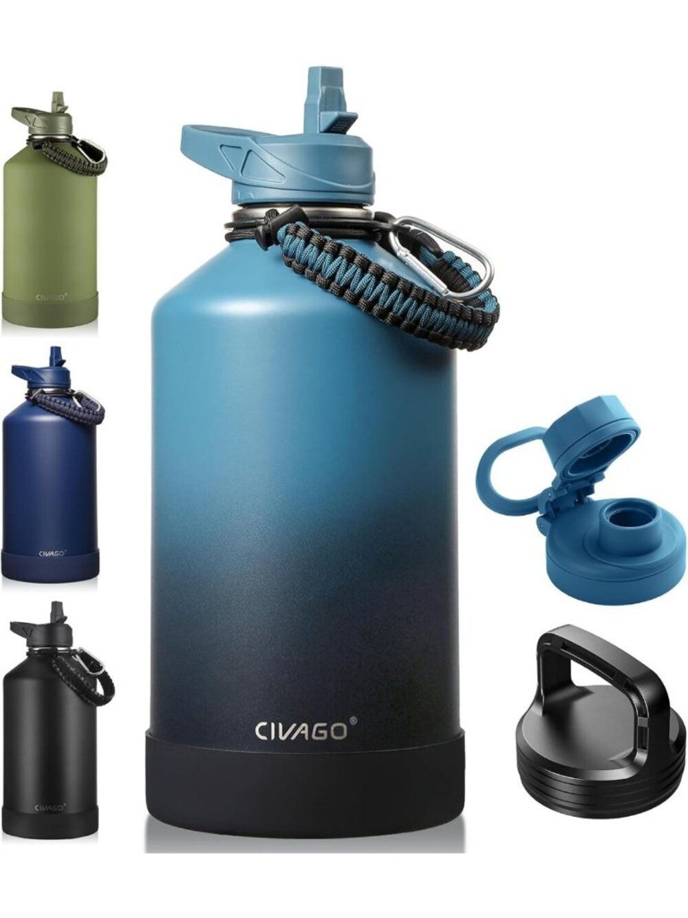 Insulated Stainless Steel Water Bottle - 1 Gallon, Straw & 3 Lids, Perfect for